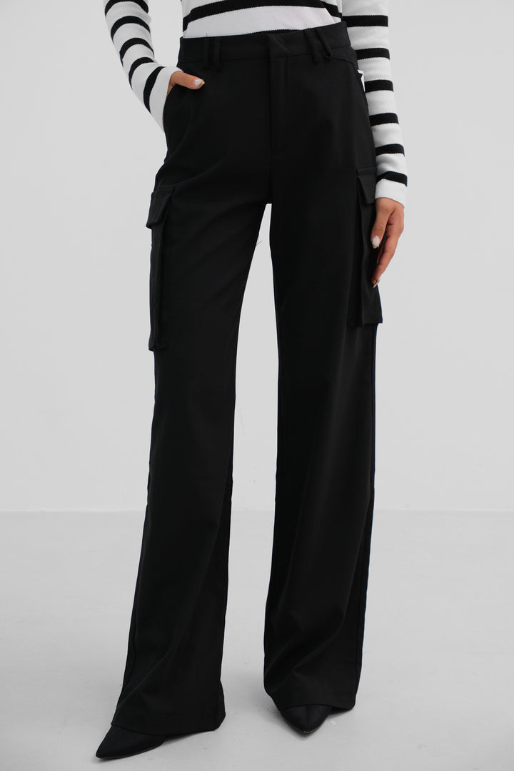 Black High Waist Cargo Pocket Trousers 