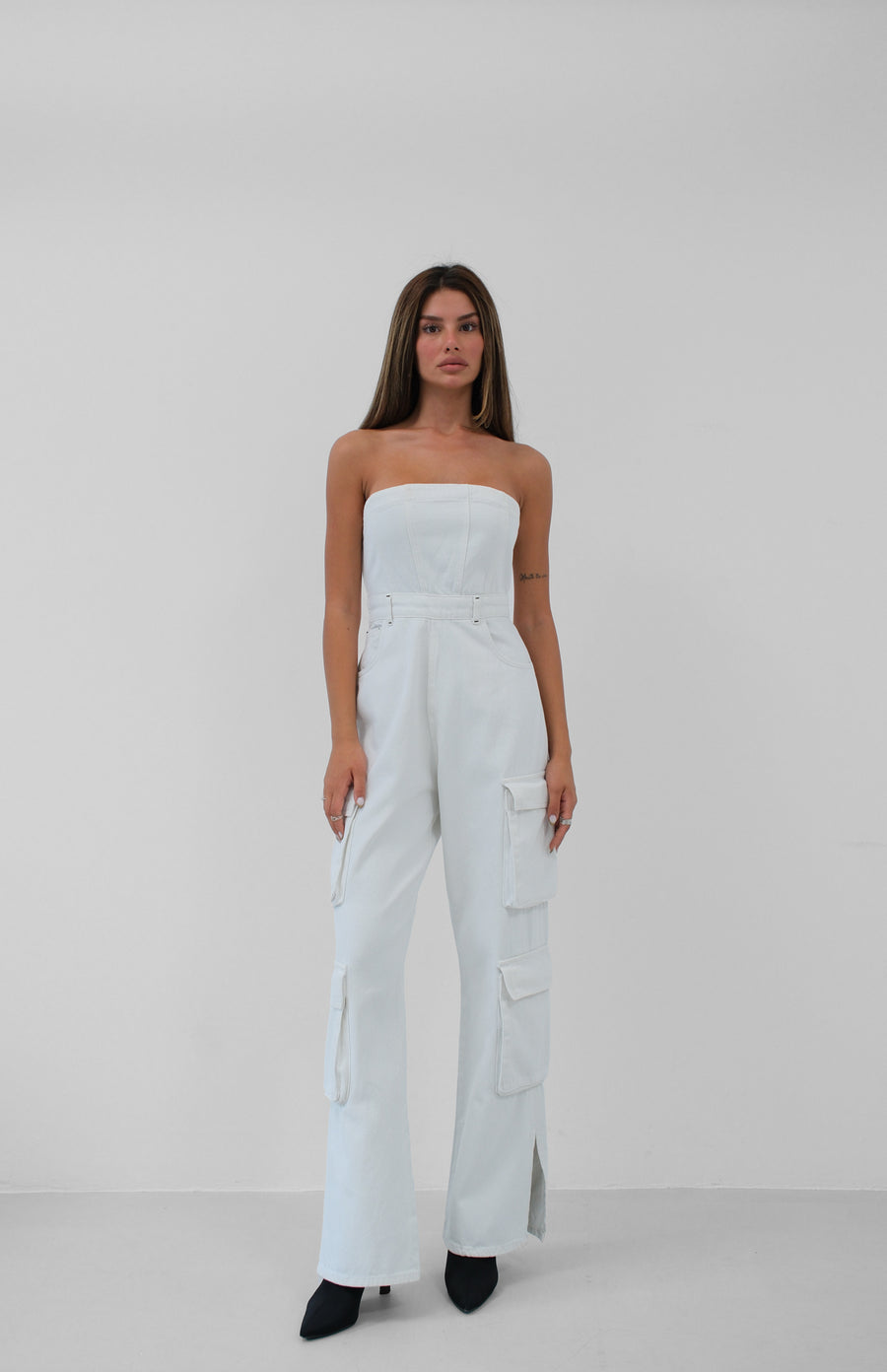 Cargo Pocket Strapless Ecru Denim Overalls 