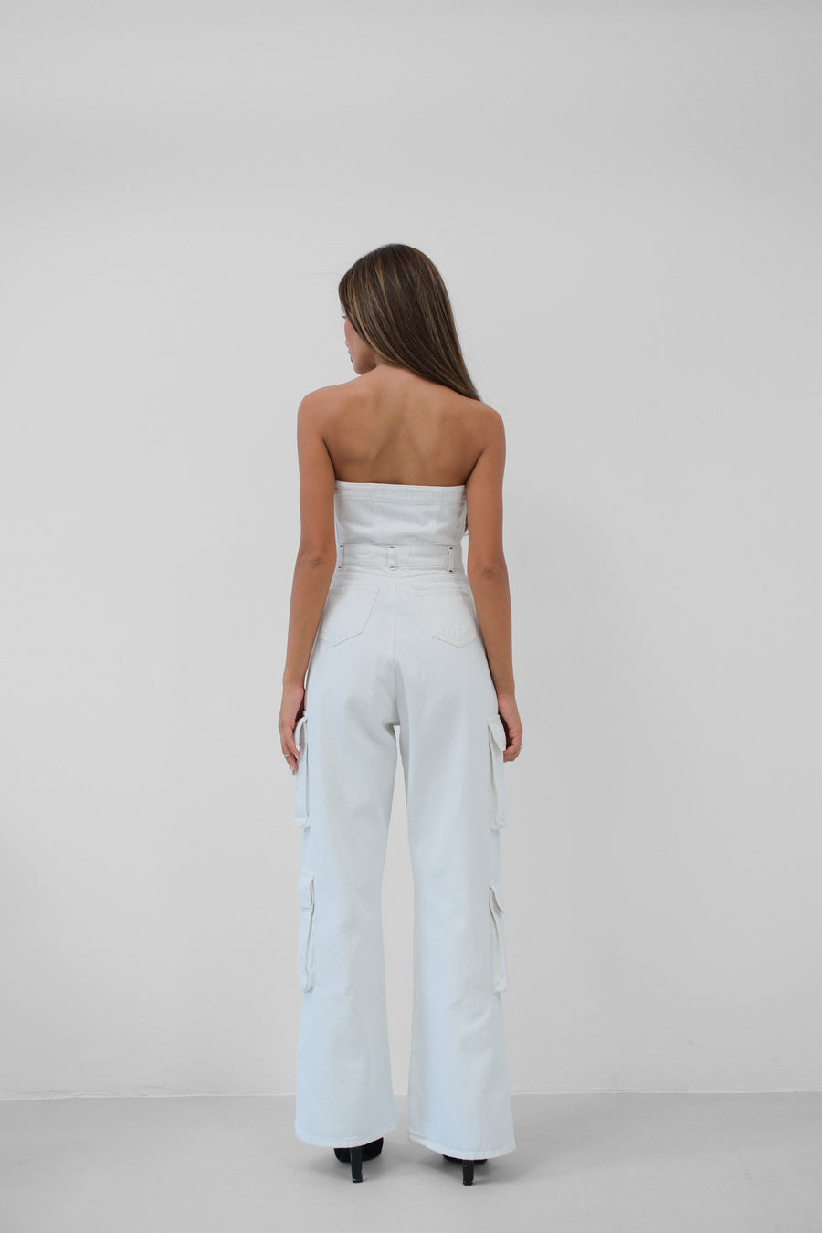 Cargo Pocket Strapless Ecru Denim Overalls 