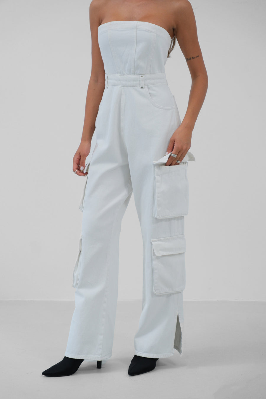 Cargo Pocket Strapless Ecru Denim Overalls 