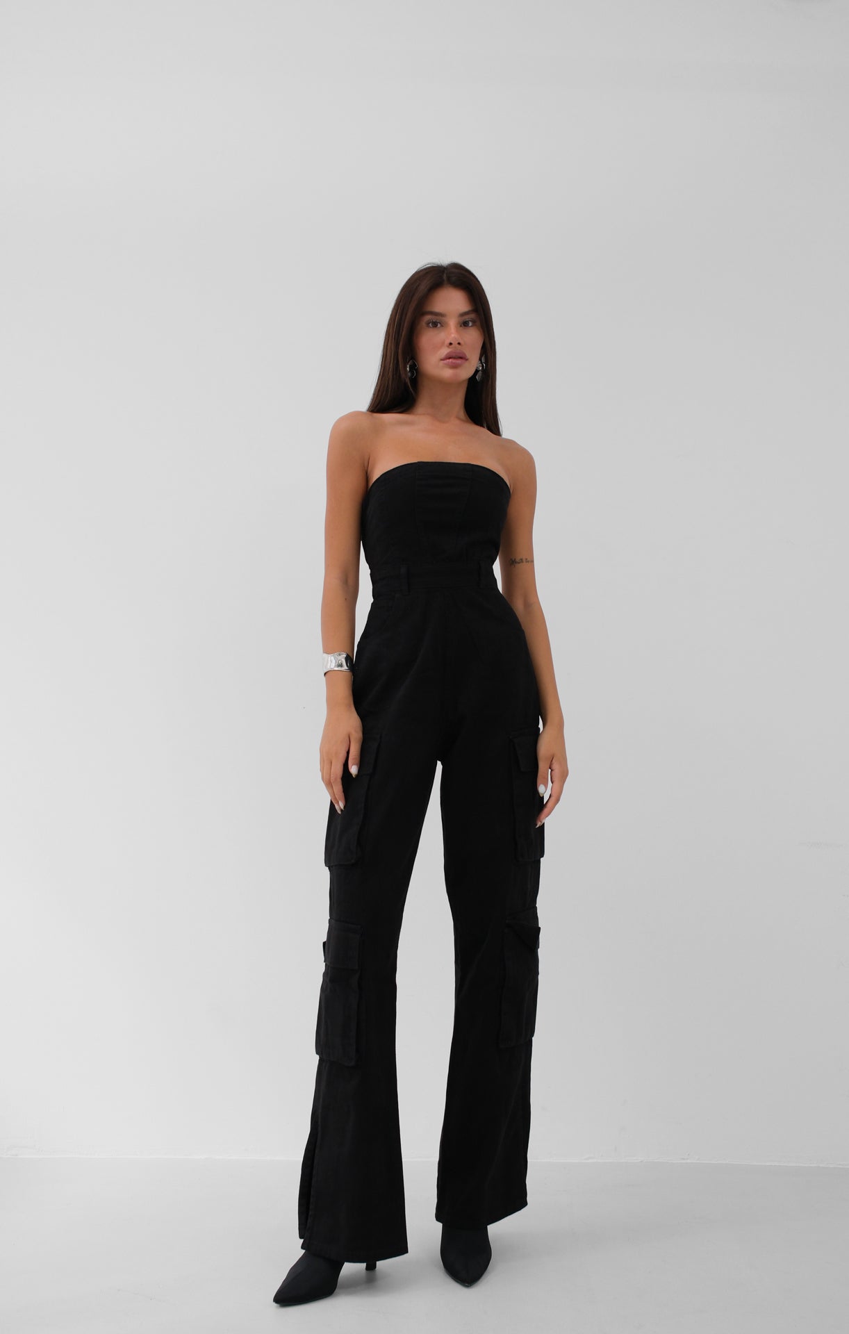 Cargo Pocket Strapless Black Denim Overalls 