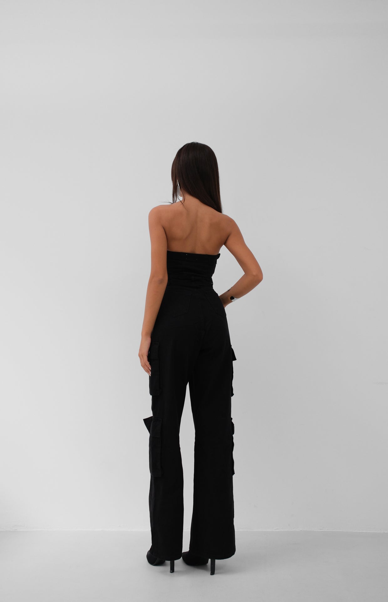 Cargo Pocket Strapless Black Denim Overalls 