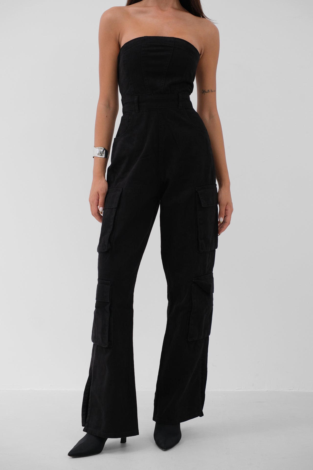 Cargo Pocket Strapless Black Denim Overalls 