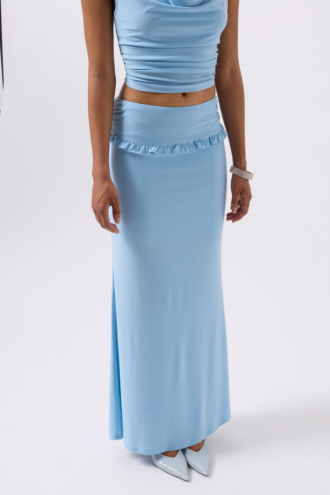 Katlama Bel Detay Maxi Mavi Etek