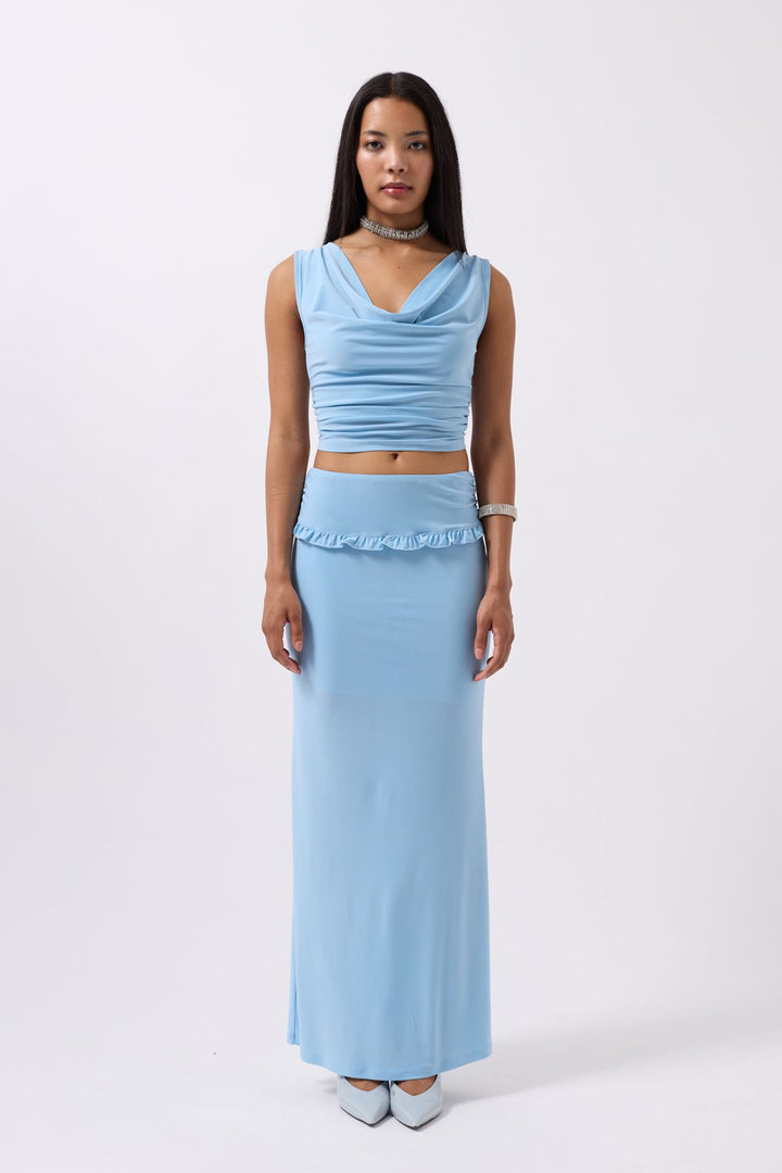 Katlama Bel Detay Maxi Mavi Etek