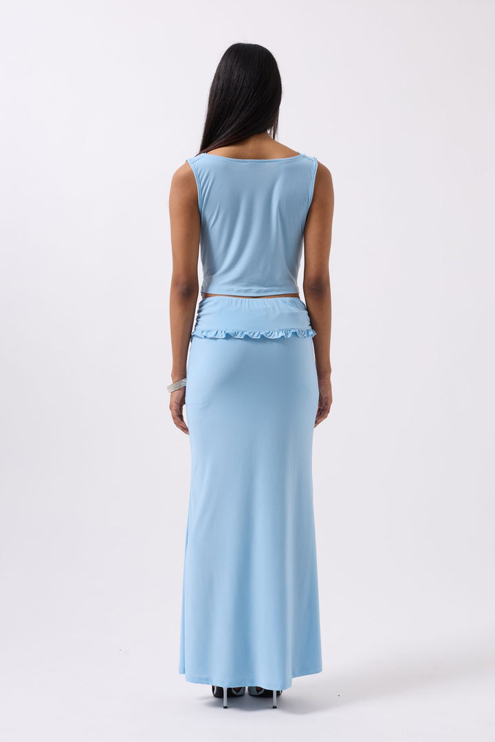 Katlama Bel Detay Maxi Mavi Etek