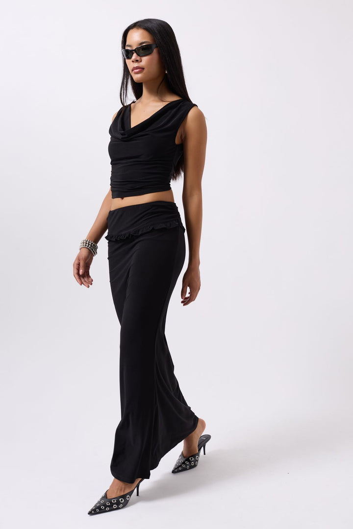 Fold Waist Detail Maxi Black Skirt 