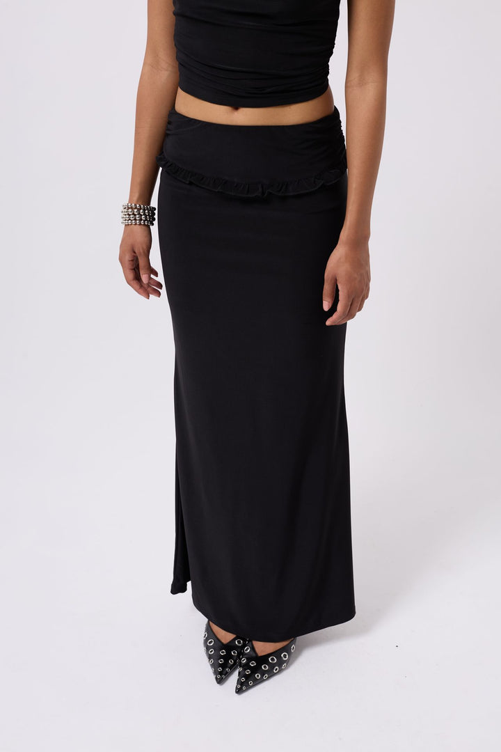 Fold Waist Detail Maxi Black Skirt 