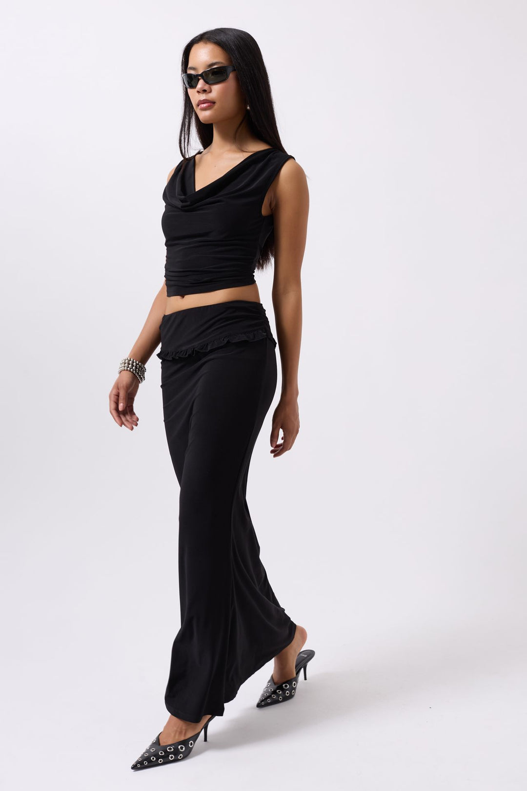 Fold Waist Detail Maxi Black Skirt 