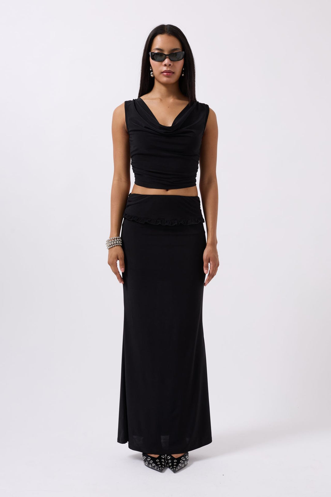 Fold Waist Detail Maxi Black Skirt 