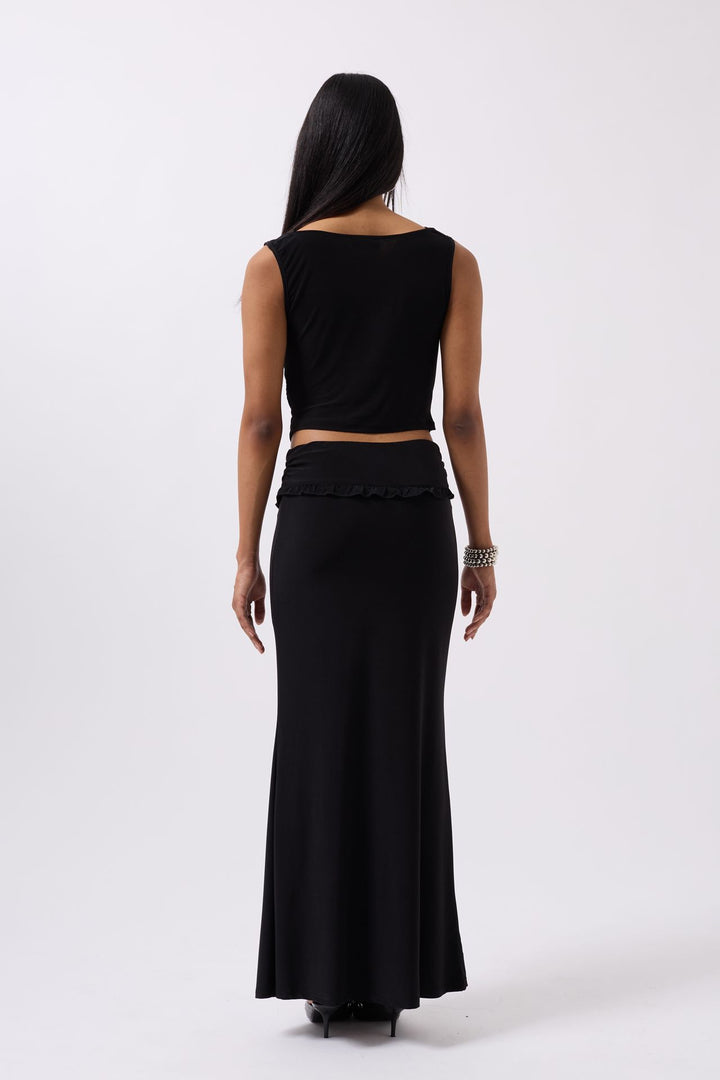 Fold Waist Detail Maxi Black Skirt 