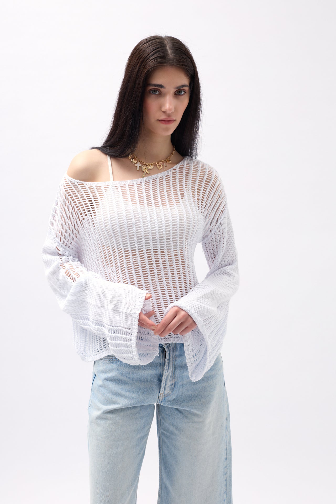 Boat Neck Openwork White Blouse 