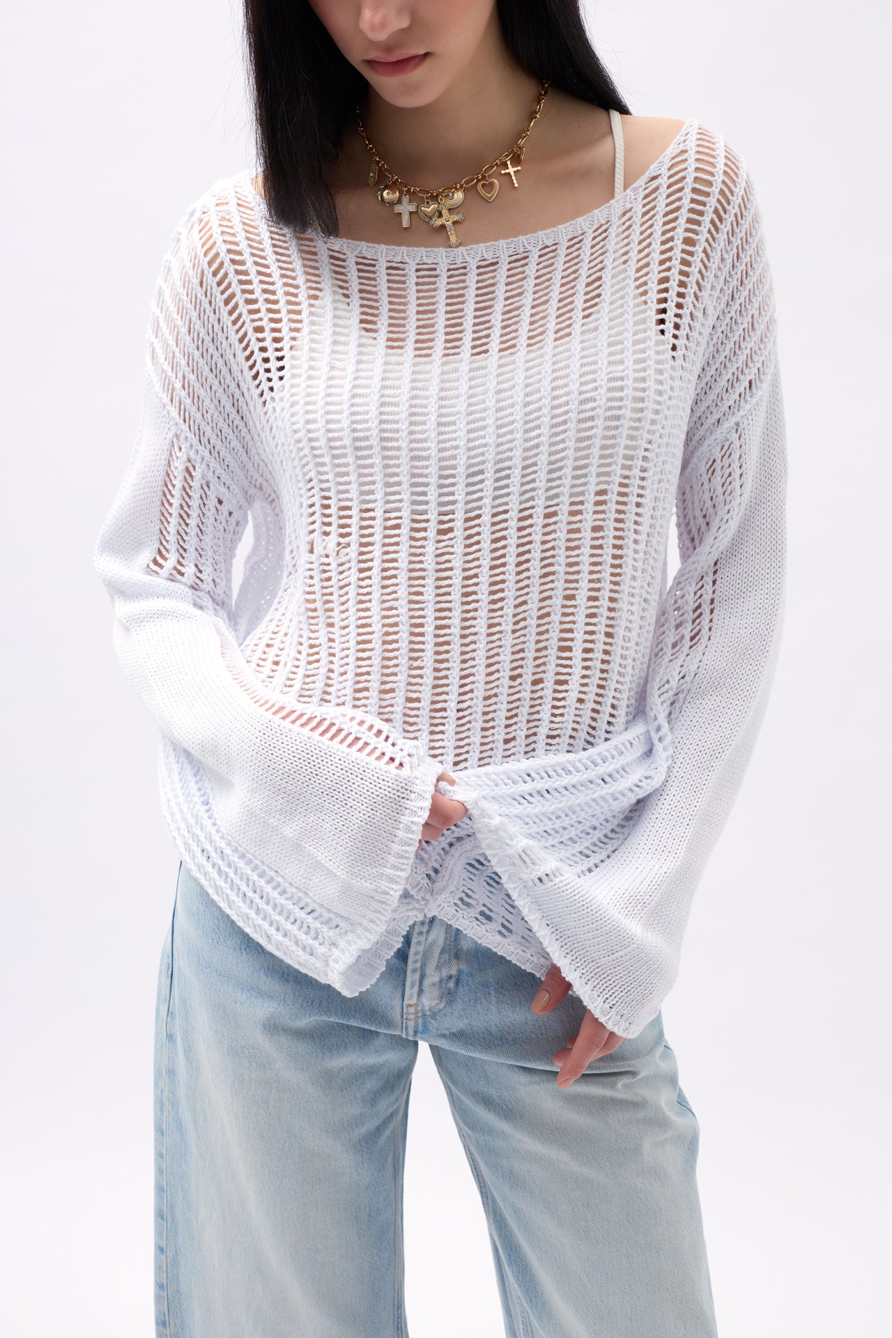 Boat Neck Openwork White Blouse 