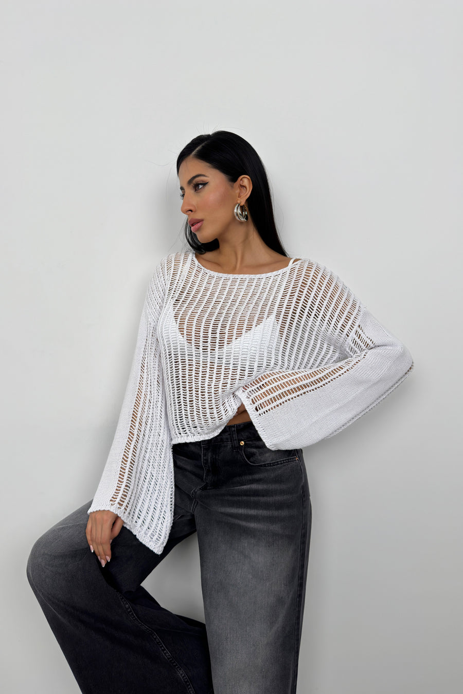 Boat Neck Openwork White Blouse 