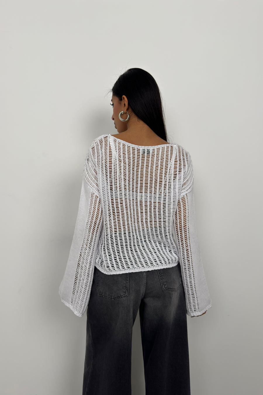 Boat Neck Openwork White Blouse 