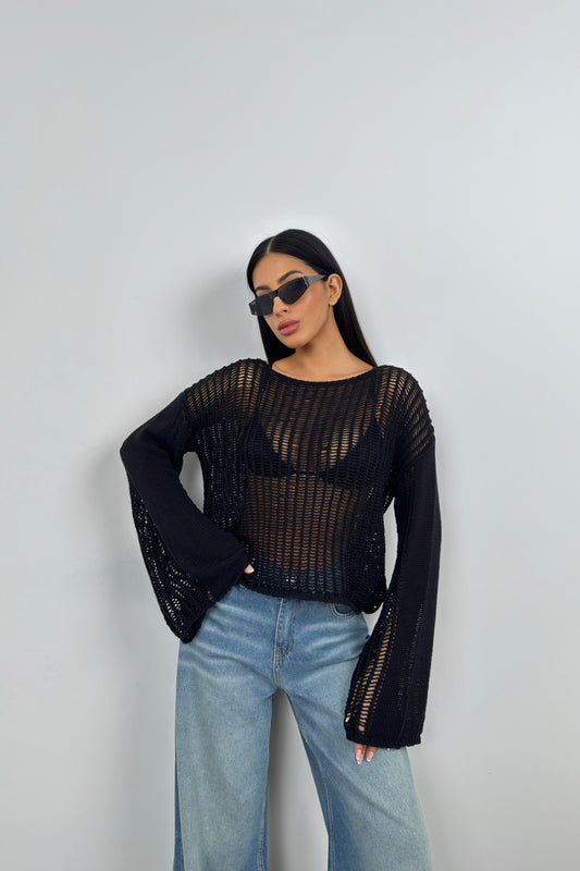 Boat Neck Openwork Black Blouse 