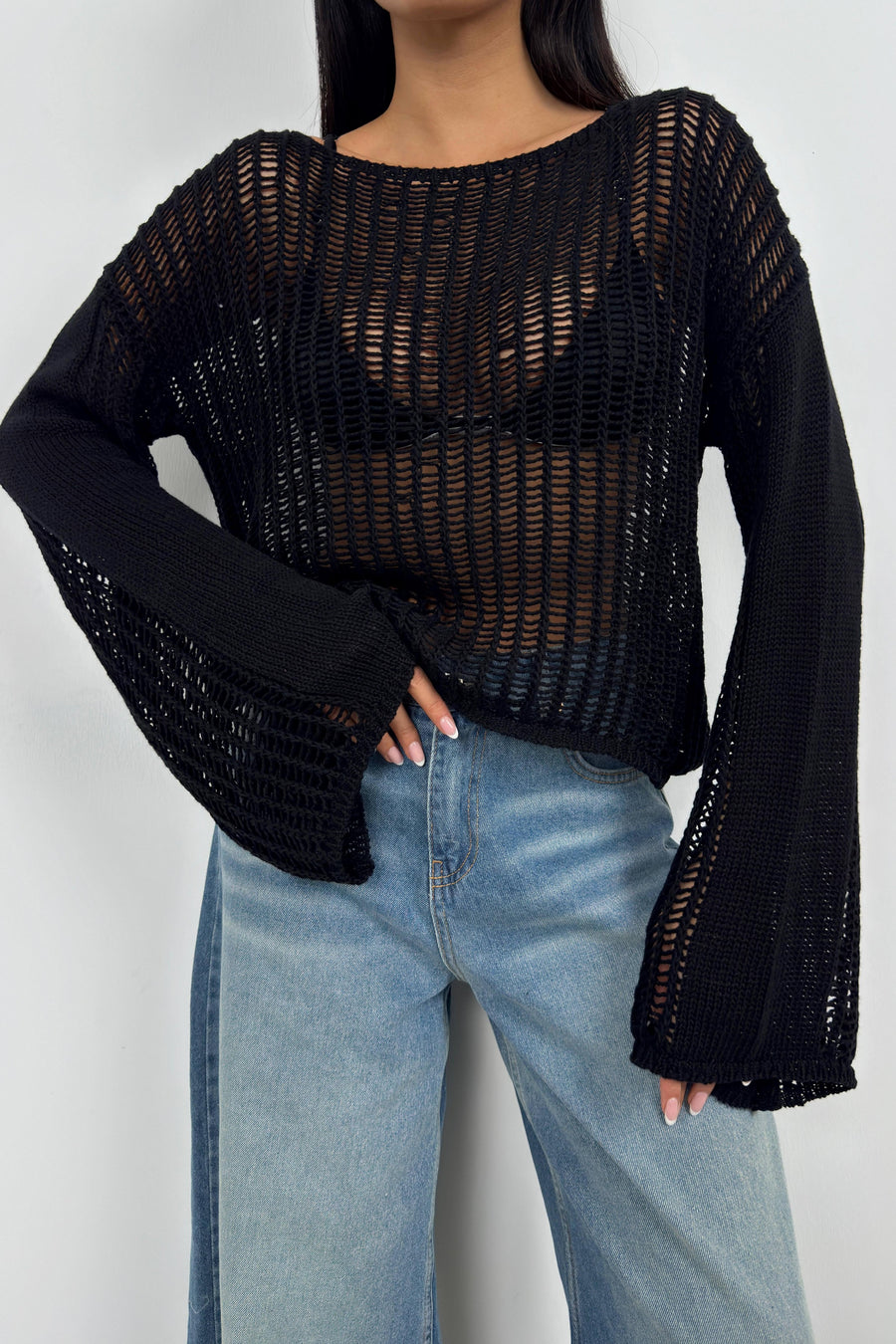 Boat Neck Openwork Black Blouse 