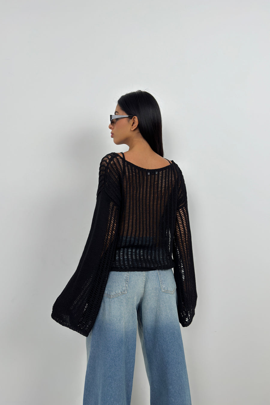 Boat Neck Openwork Black Blouse 