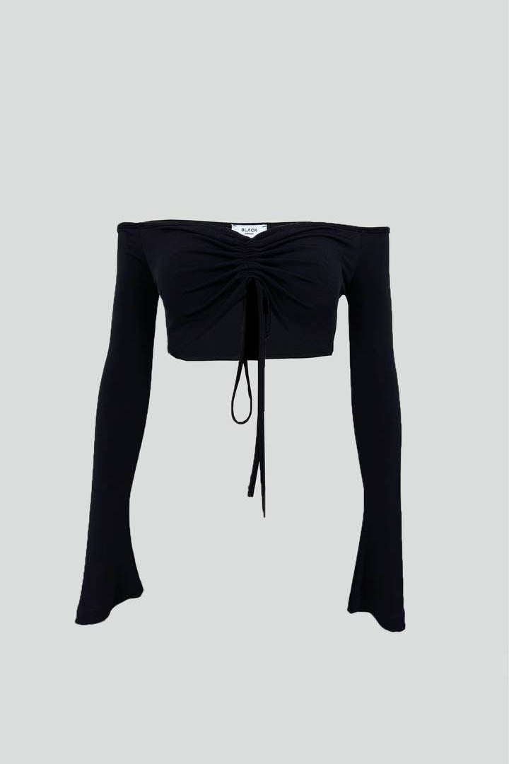 Boat Neck Lift Black Blouse 