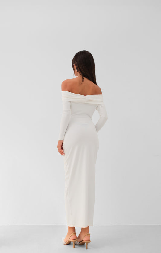 Boat Neck Gathered Detail Ecru Maxi Dress 