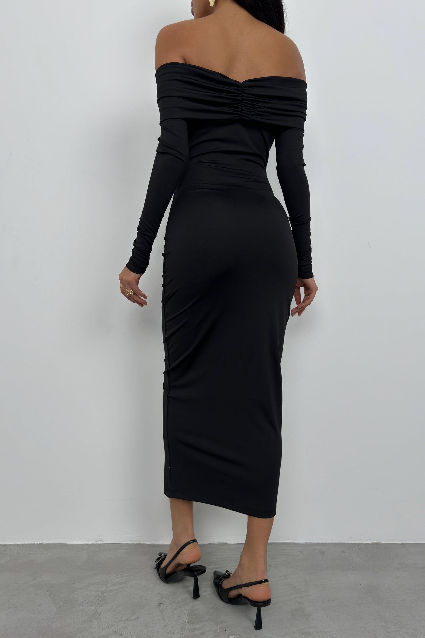 Boat Neck Gathered Detail Black Maxi Dress 