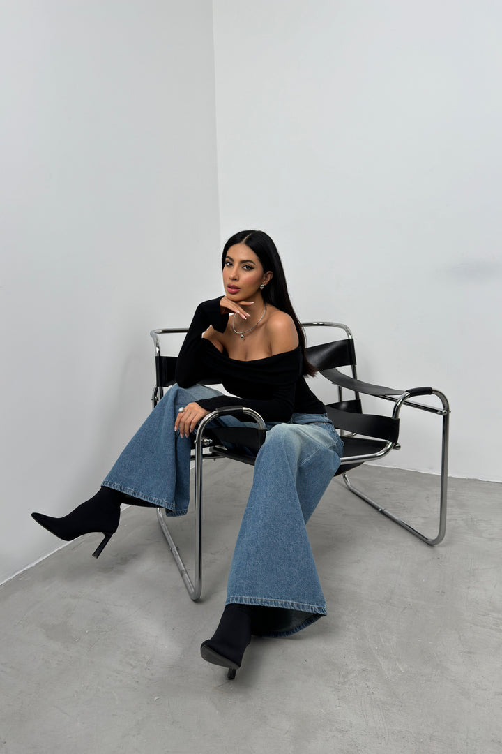 Boat Neck Drape Detail Black Blouse 