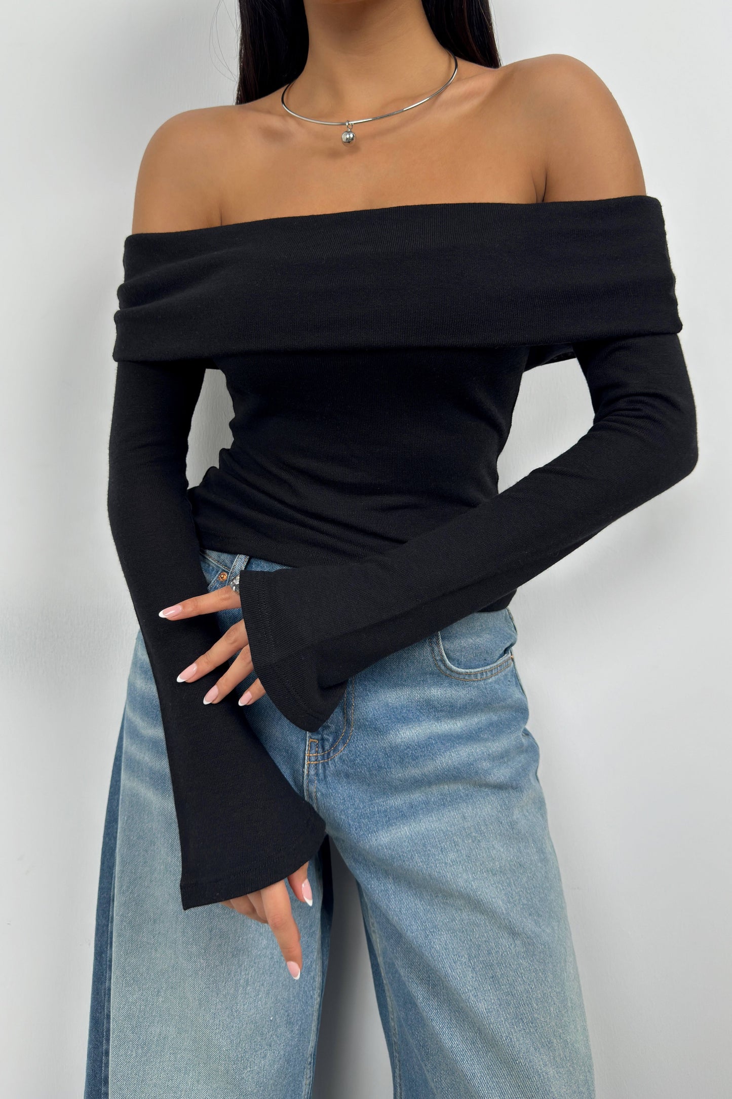 Boat Neck Drape Detail Black Blouse 