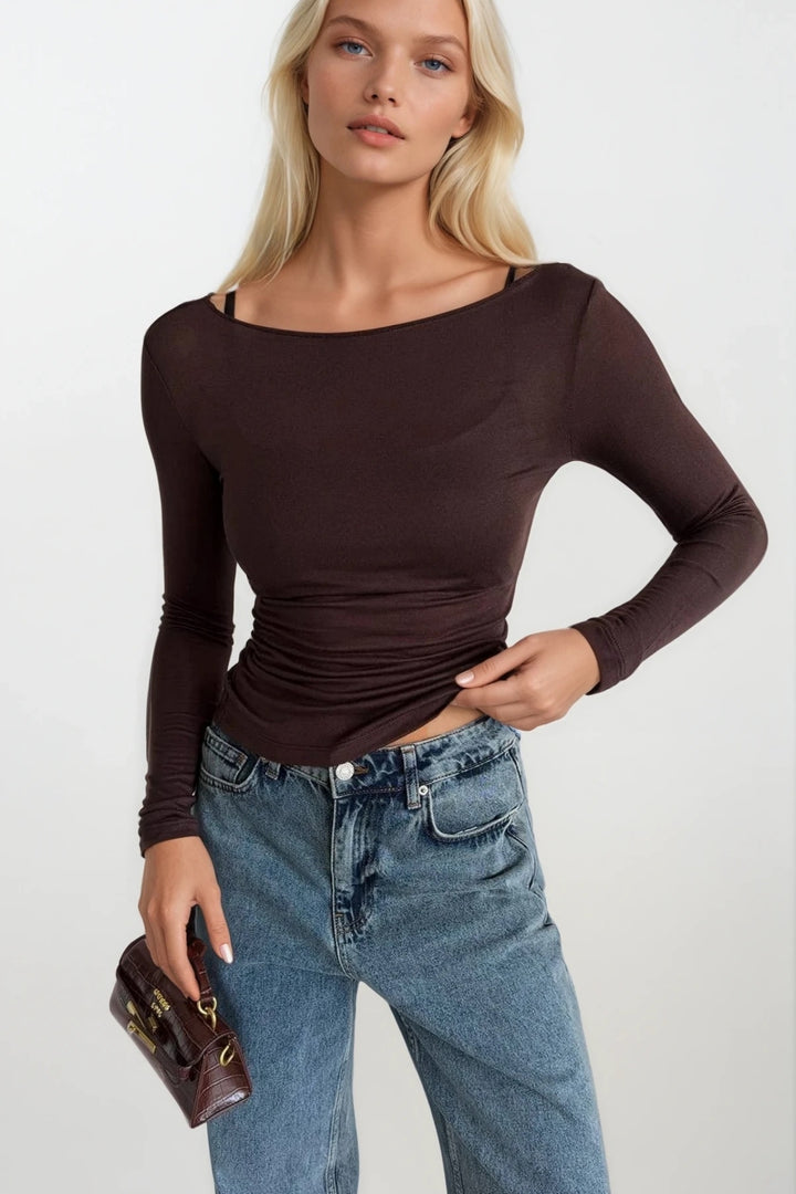 Kayık Yaka Kahverengi Transparan Bluz