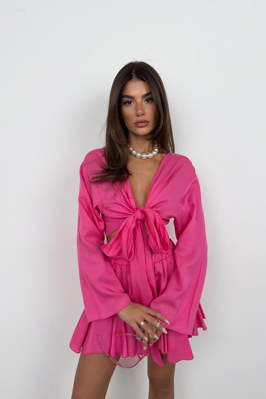 Boat Neck Long Sleeve Fuchsia Crop 