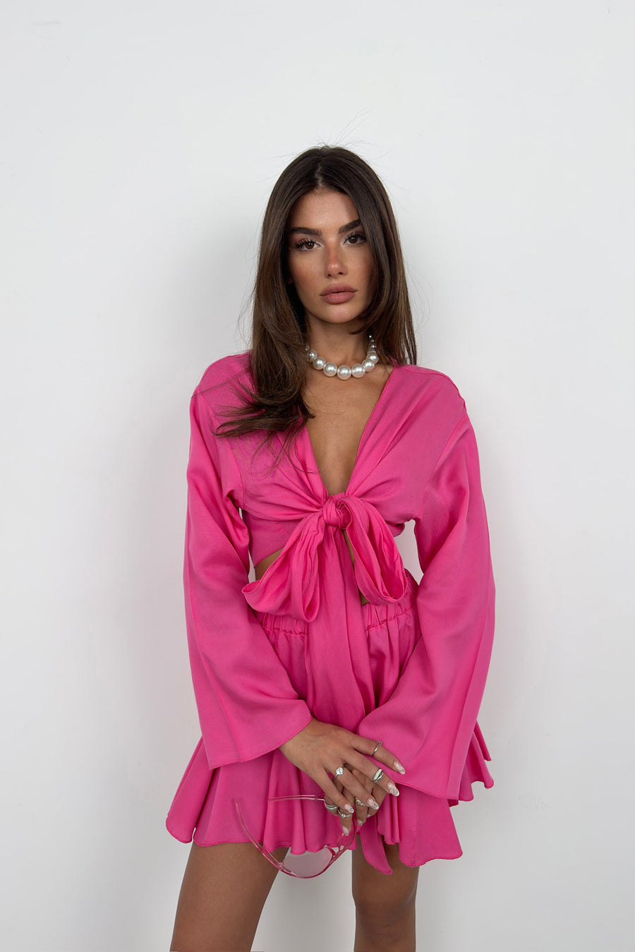 Boat Neck Long Sleeve Fuchsia Crop 