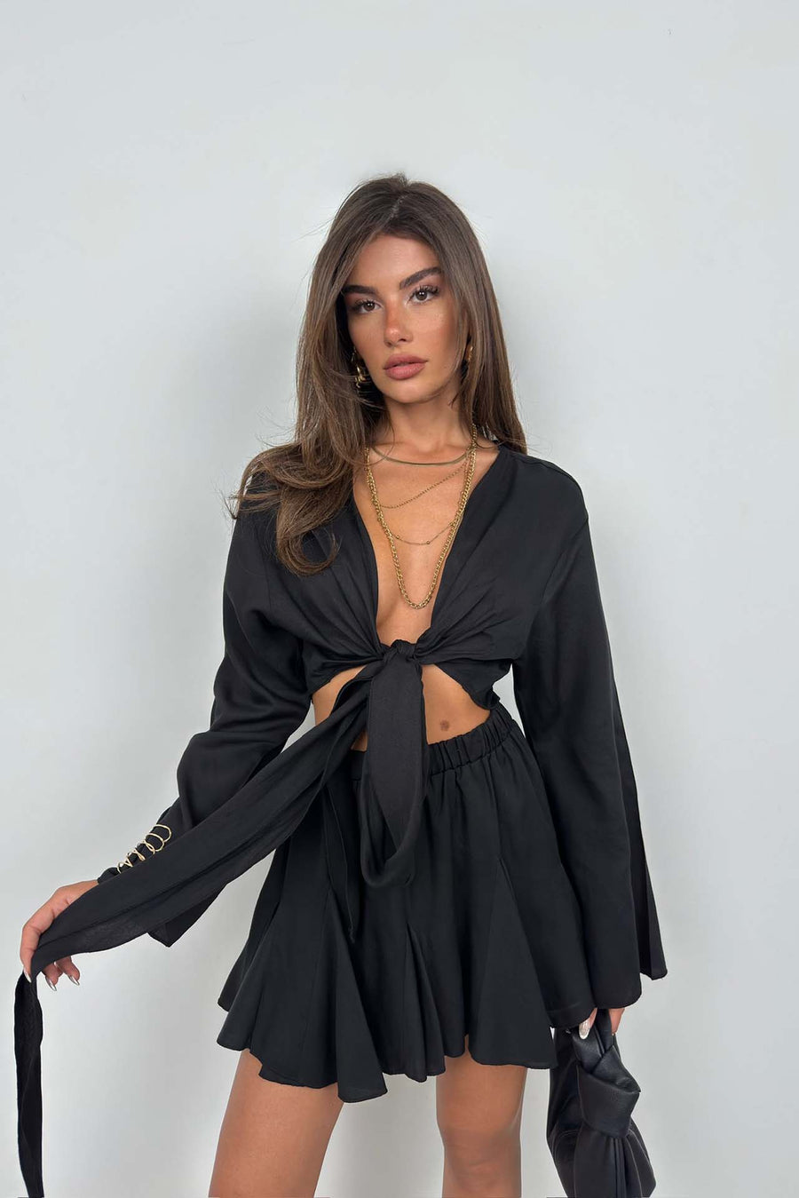 Boat Neck Long Sleeve Black Crop 