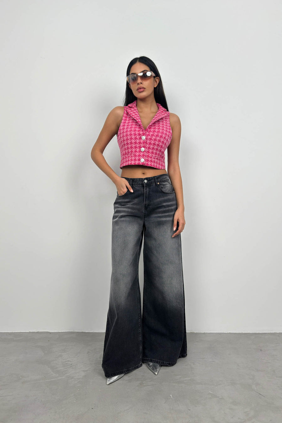 Houndstooth Crop Fuchsia Vest