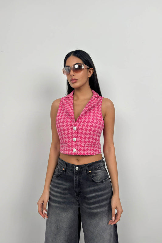 Houndstooth Crop Fuchsia Vest