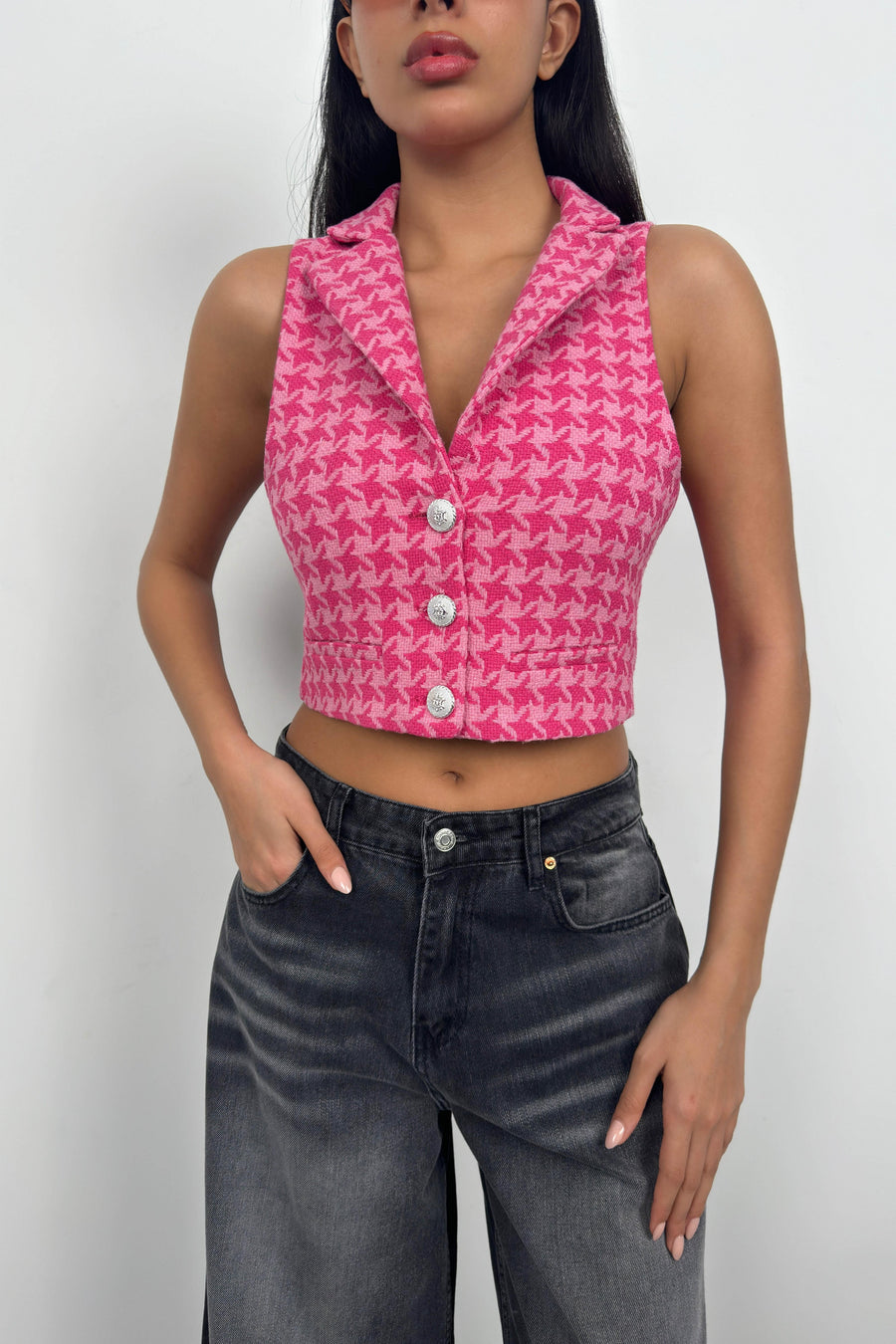 Houndstooth Crop Fuchsia Vest