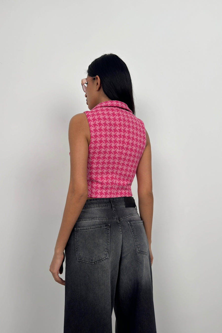 Houndstooth Crop Fuchsia Vest