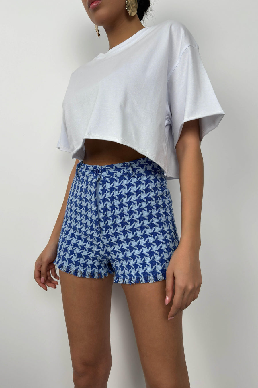 Houndstooth Tweed Saks Baby Blue Shorts 