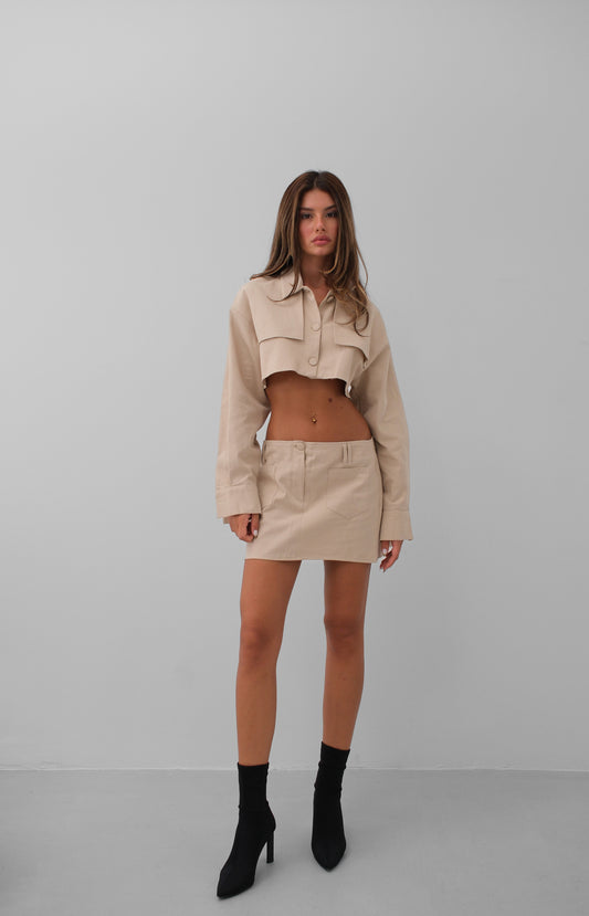 Belt Detail Beige Mini Skirt 