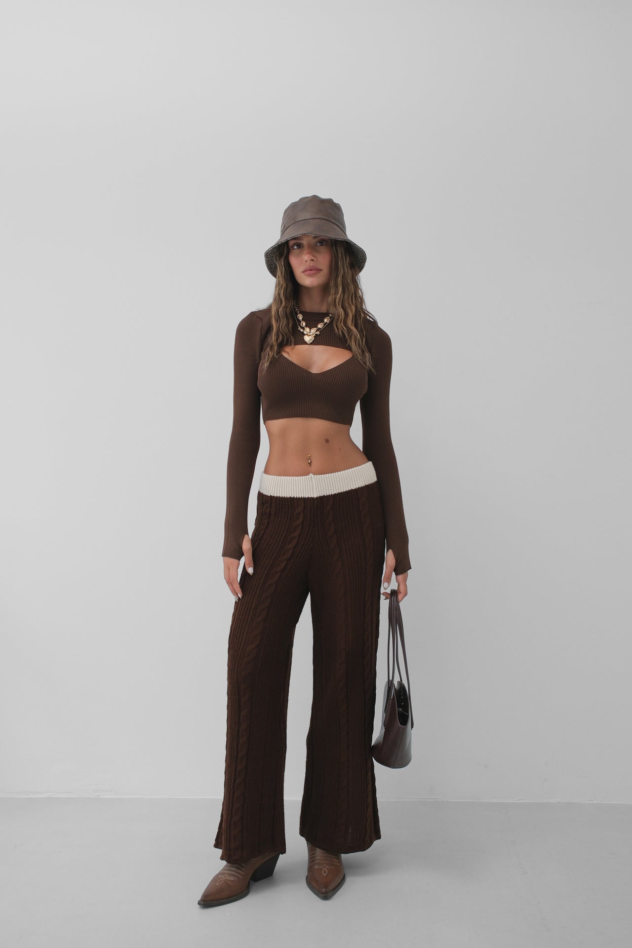 Belt Detail Wide Leg Brown Knitted Trousers 