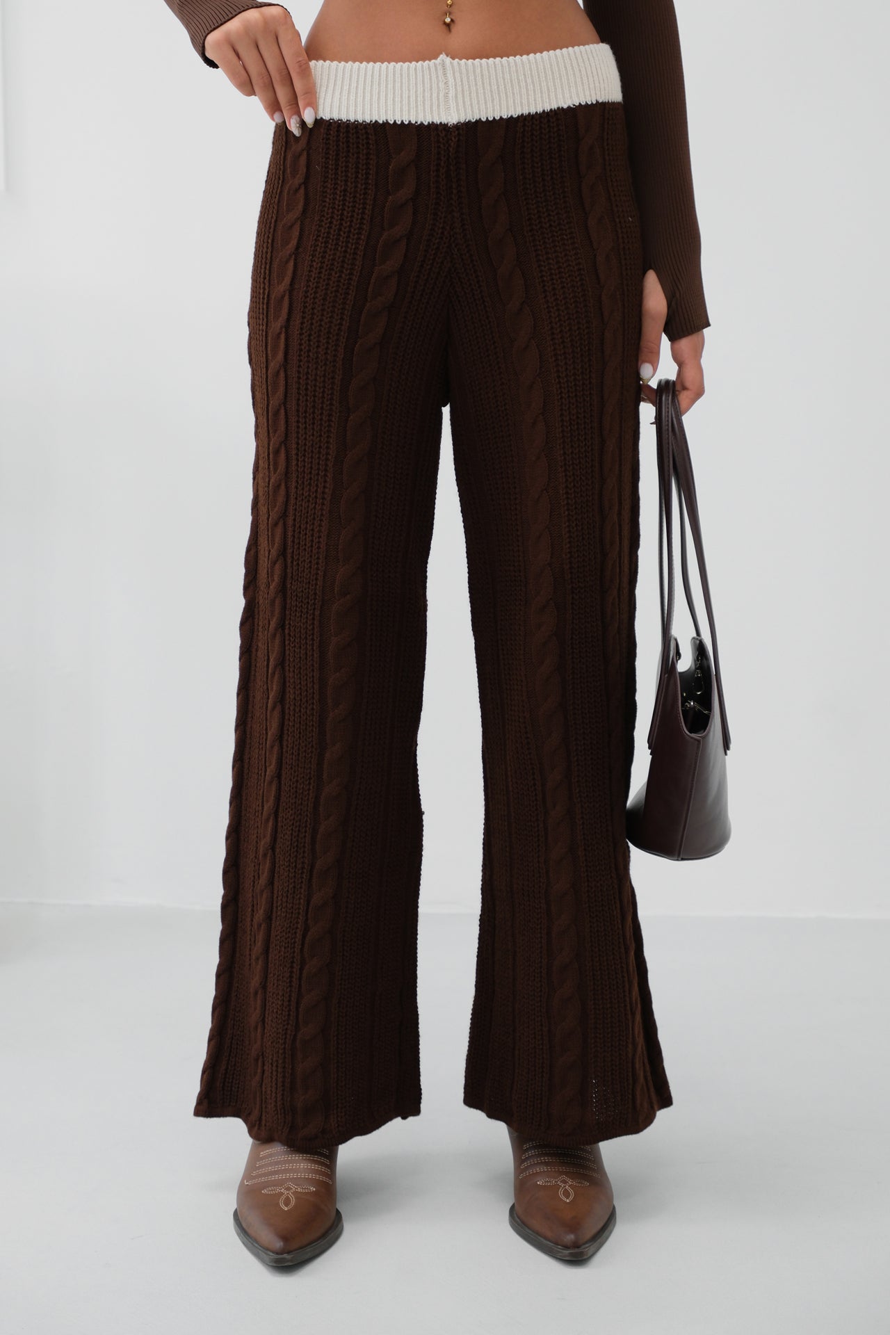 Belt Detail Wide Leg Brown Knitted Trousers 