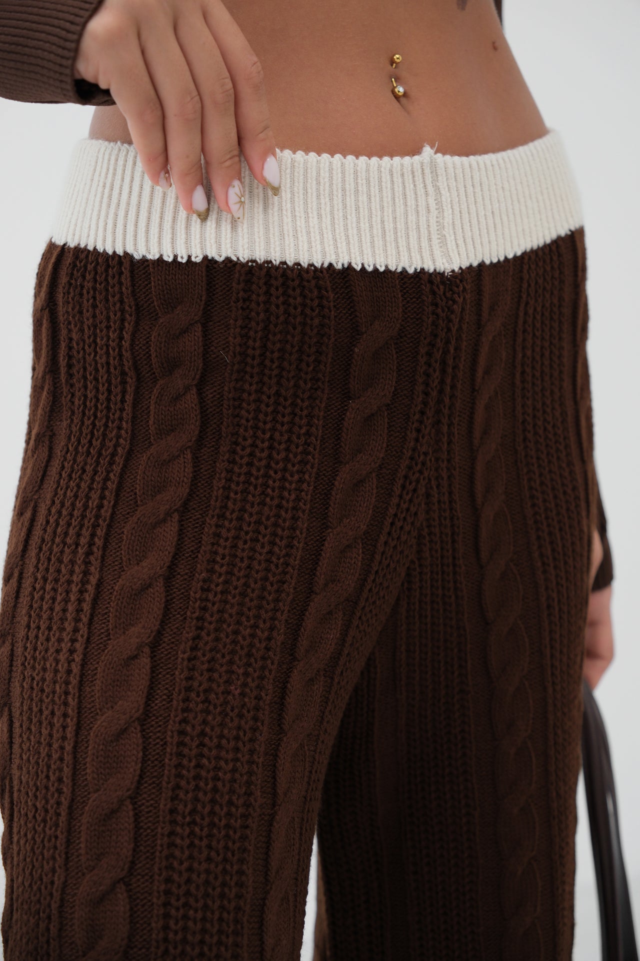 Belt Detail Wide Leg Brown Knitted Trousers 