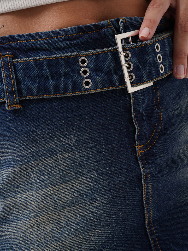 Belt Detail Denim Mini Dark Blue Skirt
