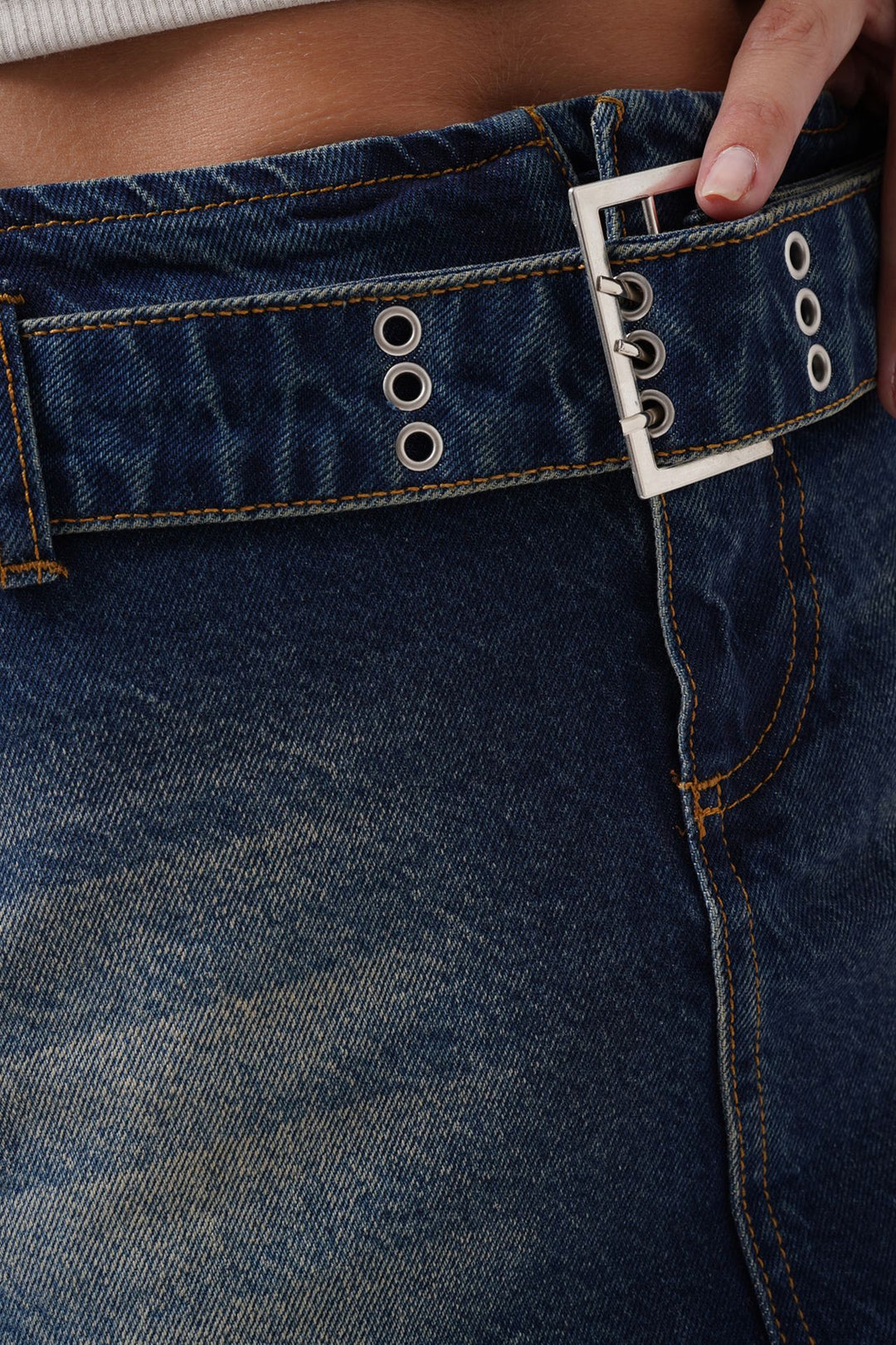 Belt Detail Denim Mini Dark Blue Skirt