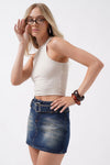 Belt Detail Denim Mini Dark Blue Skirt