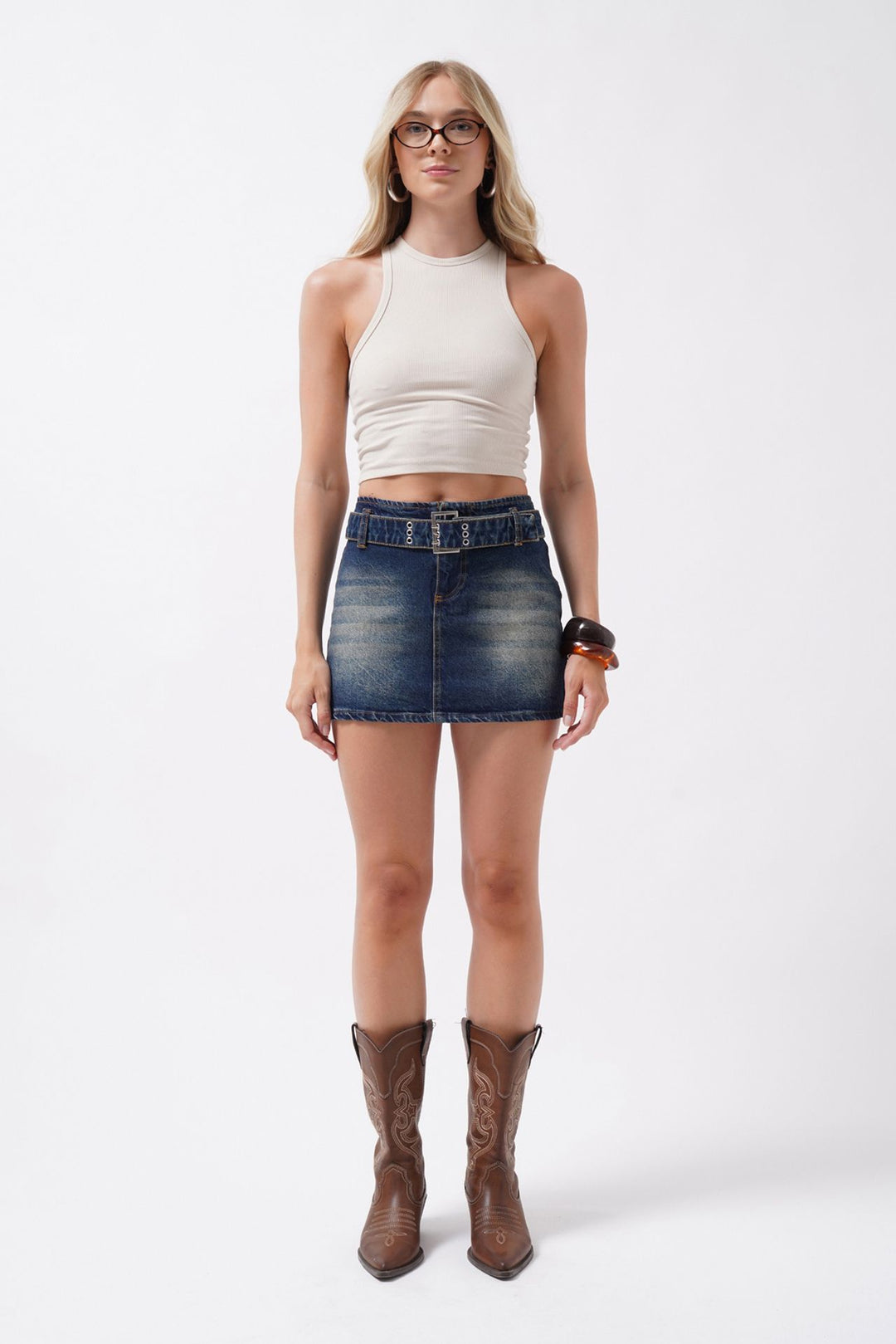 Belt Detail Denim Mini Dark Blue Skirt