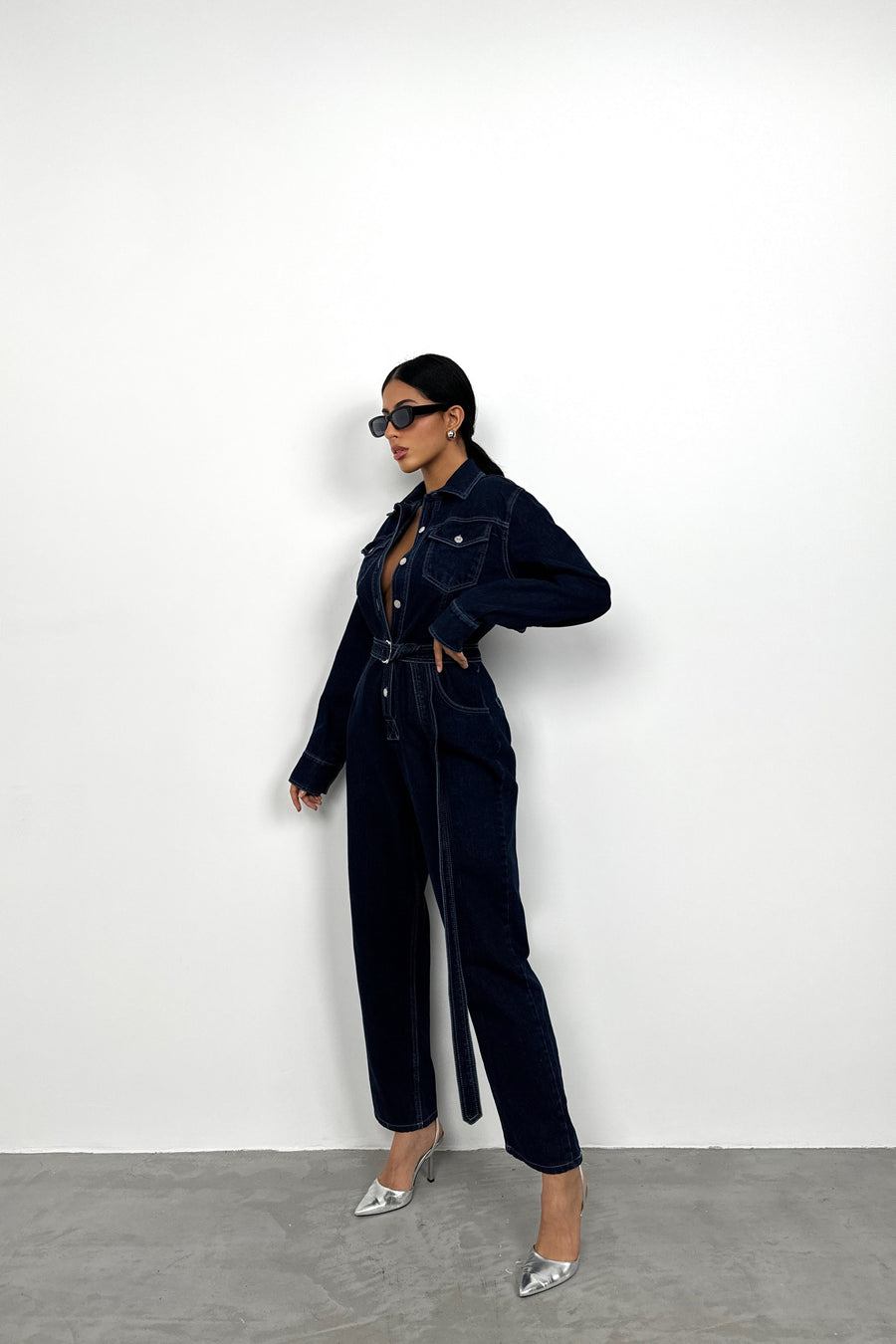 Belt Detail Navy Blue Denim Overalls 