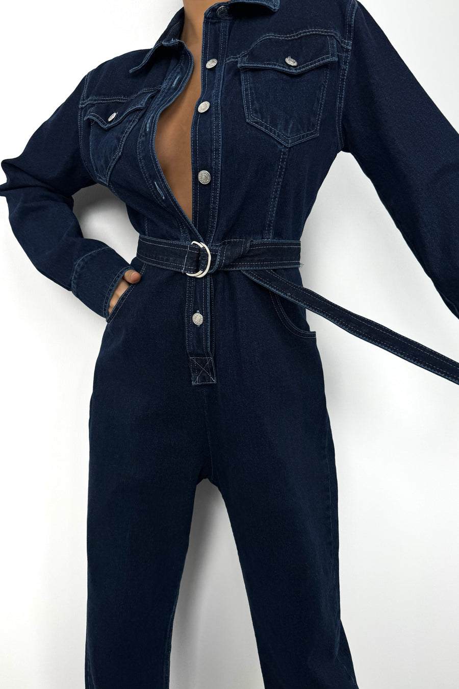 Belt Detail Navy Blue Denim Overalls 