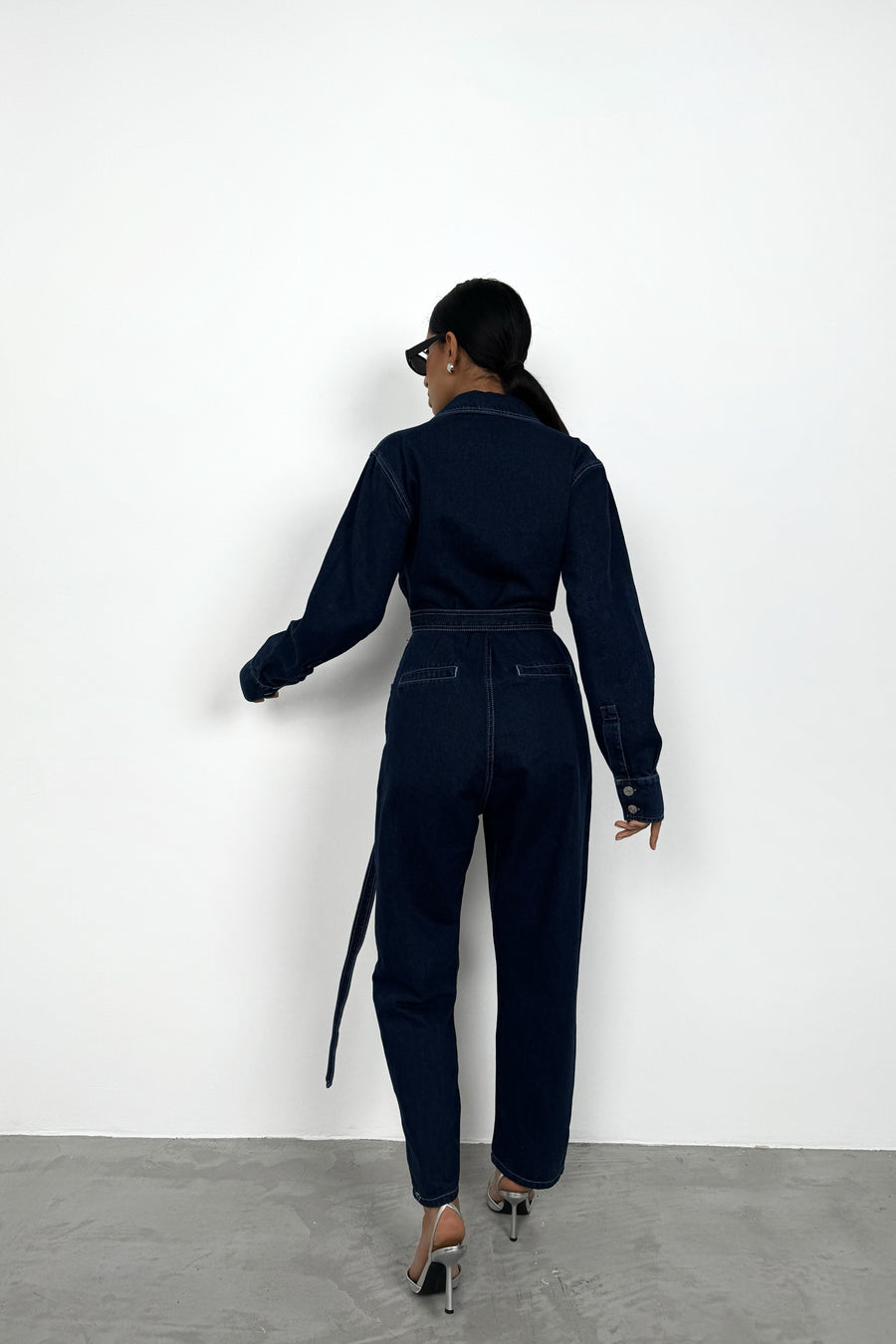 Belt Detail Navy Blue Denim Overalls 