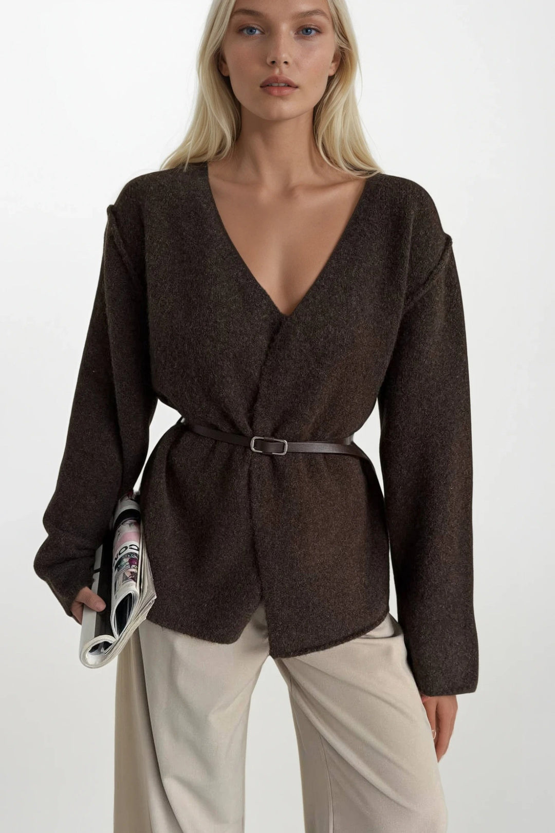 Kemer Detay Kruvaze Yaka  Kahverengi Triko Hırka