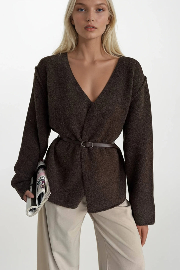 Kemer Detay Kruvaze Yaka  Kahverengi Triko Hırka