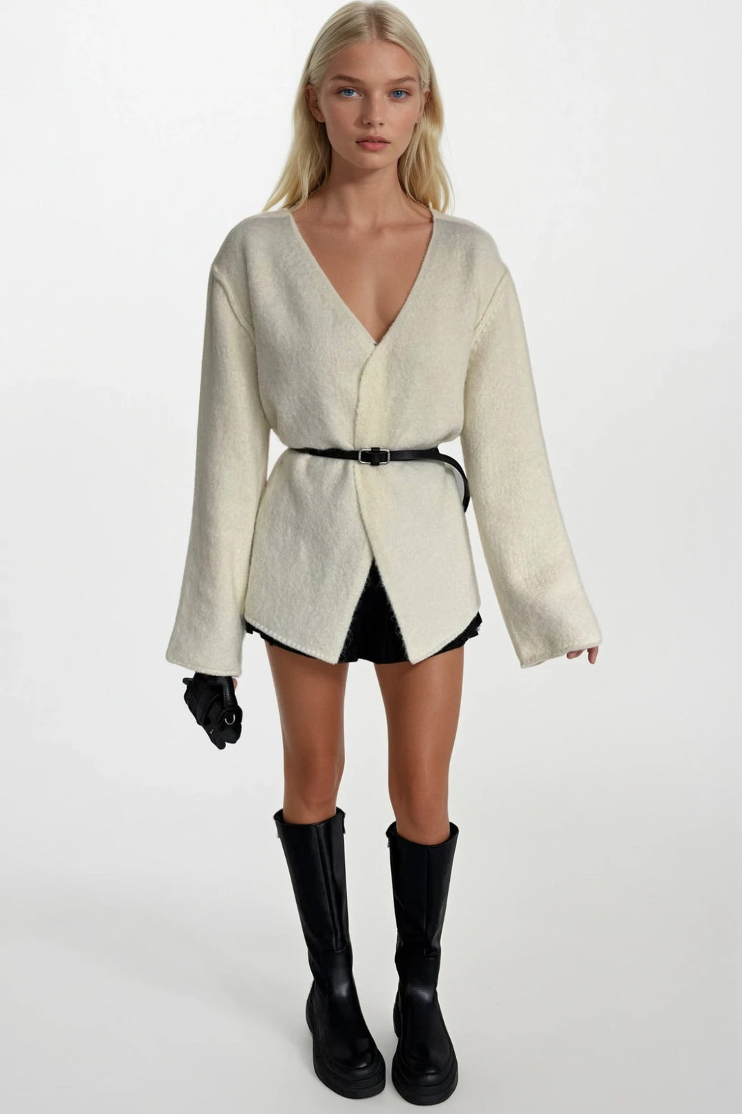 Kemer Detay Kruvaze Yaka Ekru Triko Hırka